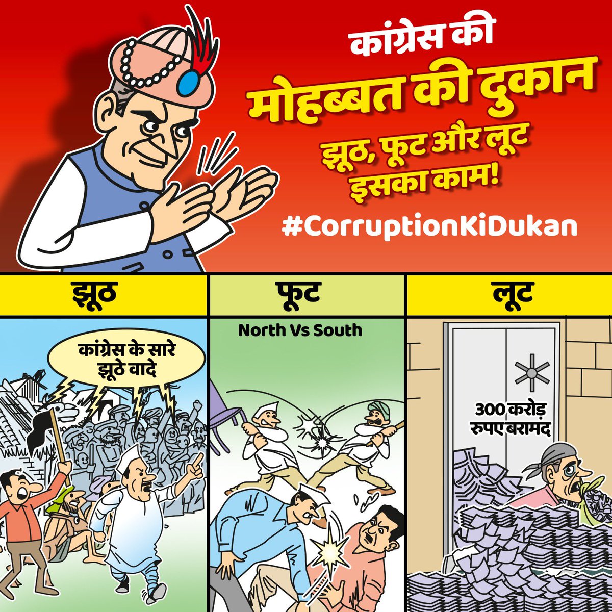 कांग्रेस की मोहब्बत की दुकान
झूठ, फूट और लूट इसका काम!

 #CorruptionKiDukan