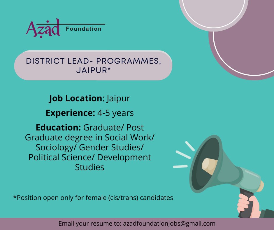 FoundationAzad's tweet photo. #hiring #jaipurjobs #developmentsectorjobs
Read the detailed Job Description here:
Programme Implementer- Men for Gender Justice: https://t.co/ncvvMlFBXv
District Lead- Programmes, Jaipur: https://t.co/96rC5Ufu0j https://t.co/yESRjmMBBG