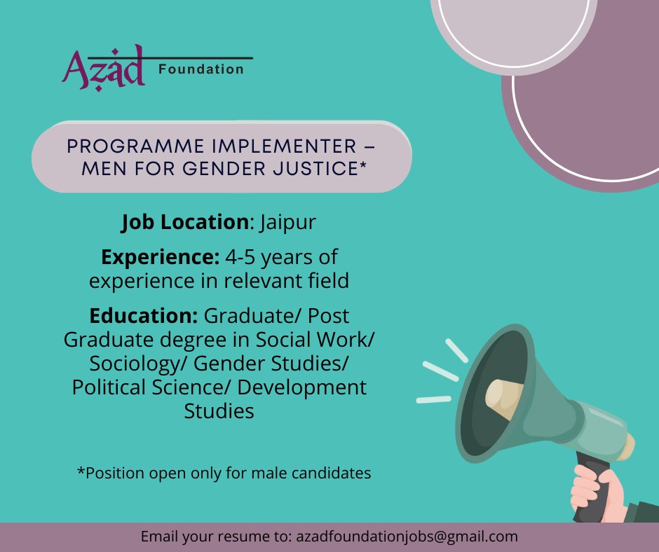 FoundationAzad's tweet photo. #hiring #jaipurjobs #developmentsectorjobs
Read the detailed Job Description here:
Programme Implementer- Men for Gender Justice: https://t.co/ncvvMlFBXv
District Lead- Programmes, Jaipur: https://t.co/96rC5Ufu0j https://t.co/yESRjmMBBG