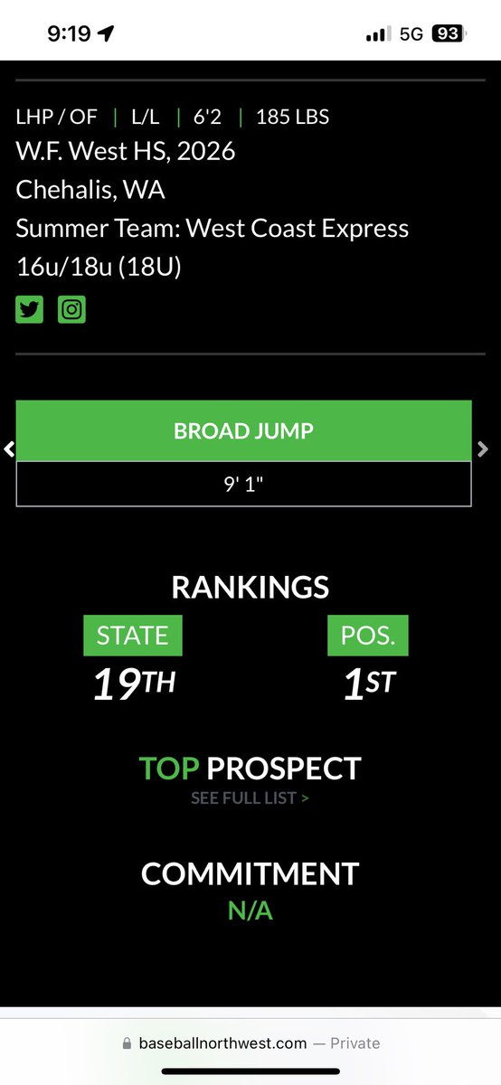 Thank you <a href="/BaseballNW/">Baseball Northwest</a> for ranking me number 1 LHP and 19 overall in WA/2026.