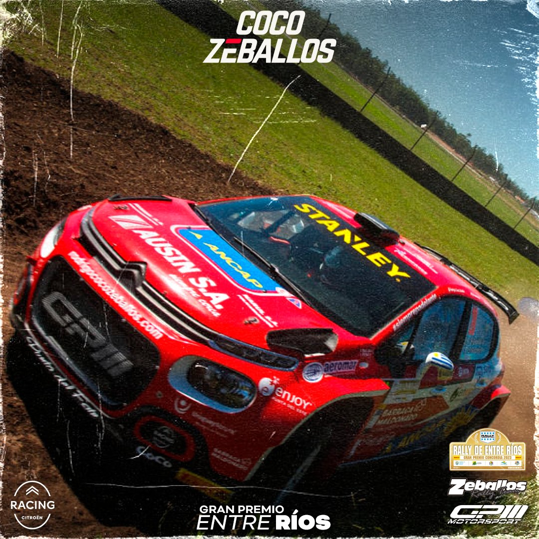#GPRallyEntreRios | Comienza la tarde del Rally en Concordia con la especial 4, marcamos un tiempo de 7.23,5

Tiempos especial 4:
P1 – Cancio 🇦🇷 - 7.18,4
P2 – Baldoni 🇦🇷 - +0.3
P3 – Pasten 🇦🇷 - +0.5
P9 – ZEBALLOS 🇺🇾 - +5.1

#SiemprePaDelante 🇺🇾

#RallyArgentino | <a href="/CitroenRacing/">Citroën Racing</a> |