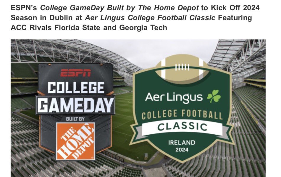 ESPN's College GameDay to Kick Off 2024 Season in Dublin