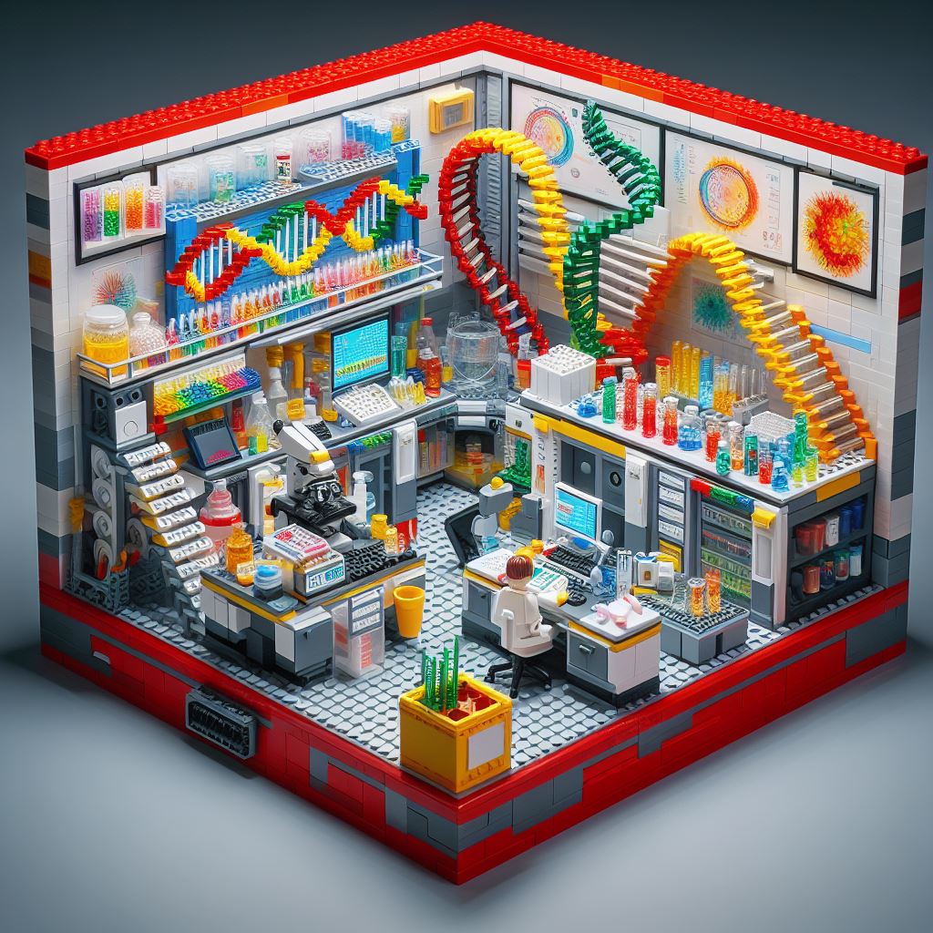 Laboratorio de genomica y biología molecular versión LEGO, hecho por IA, Dalle-3 + gpt-4. Tiene área In vitro e in silico. #lego @nanopore #Biology @Bioinfo_Peru
