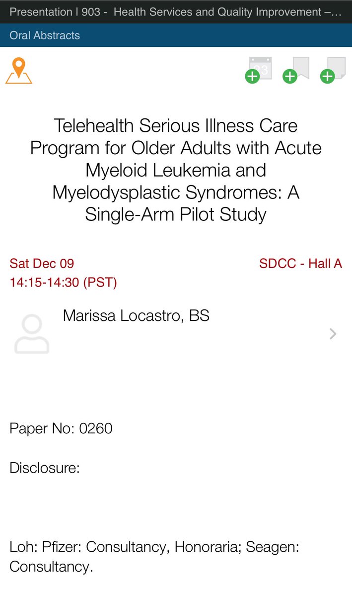 Join us at 2.15pm to listen to @MarissaLocastro #ASH23 oral presentation on the #telehealth Serious Illness Care Program for #geriheme pts with #leusm and #mds @WilmotCancer @myCARG #gerionc ash.confex.com/ash/2023/webpr…