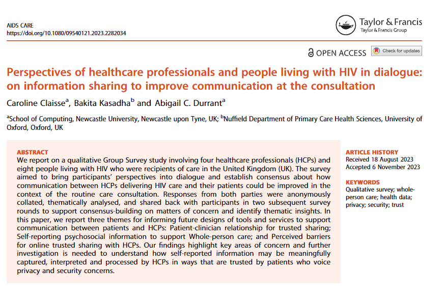 Perspectives of healthcare professionals and people living with HIV in dialogue: on information sharing to improve communication at the consultation @CarolineClaisse @abigail_durrant @INTUIT_project tandfonline.com/doi/full/10.10…