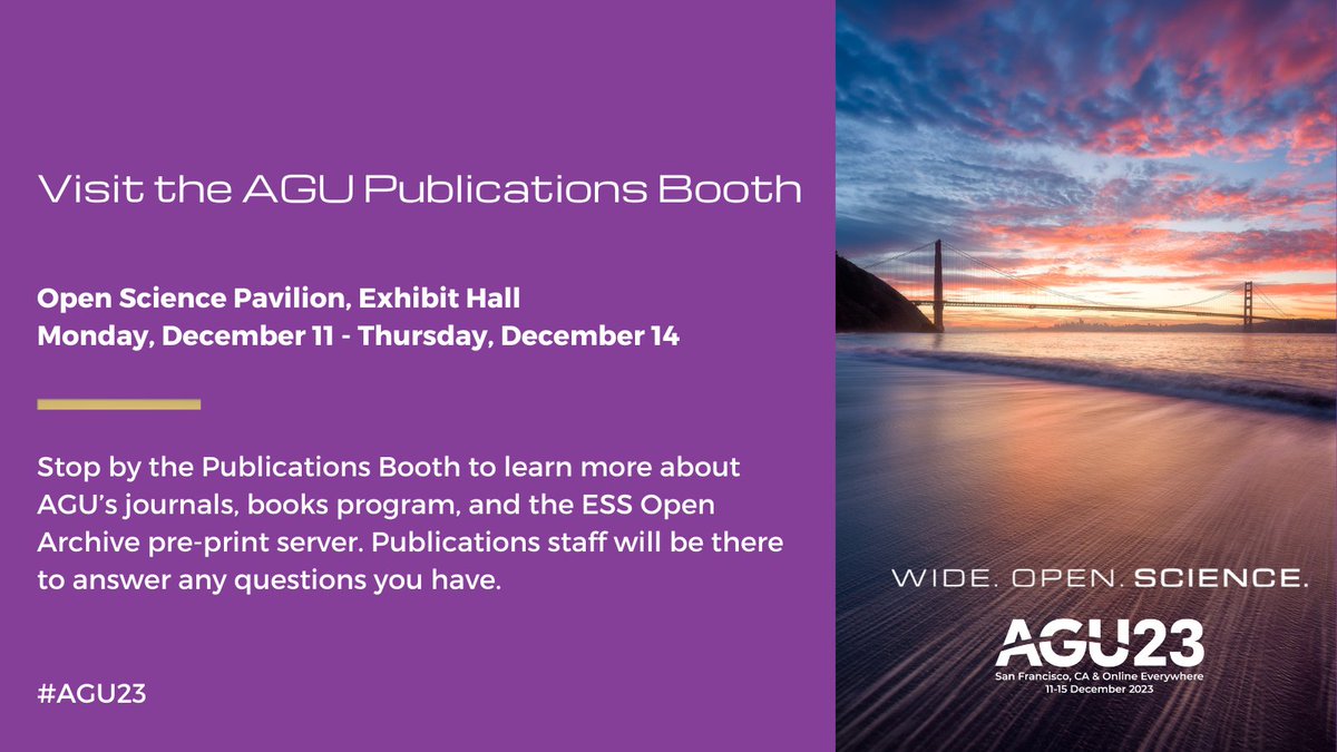 theAGU's tweet photo. Want to learn more about @theAGU’s journals, books, preprint server, and more? 

Stop by the AGU Publications booth in the Exhibit Hall and learn about all things #AGUPubs!

#AGU23 #Publishing https://t.co/XfVUhle3wQ
