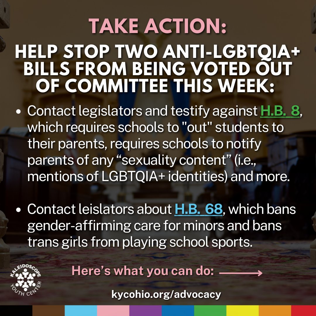 ⚠️ URGENT: HELP STOP TWO ANTI-LGBTQIA+ BILLS THIS WEEK ⚠️

Last week you showed up in large numbers (thank you!) in support of trans youth, and now we need you to continue to let your voice be heard to stop two anti-LGBTQIA+ bills from being voted out of committee this week!