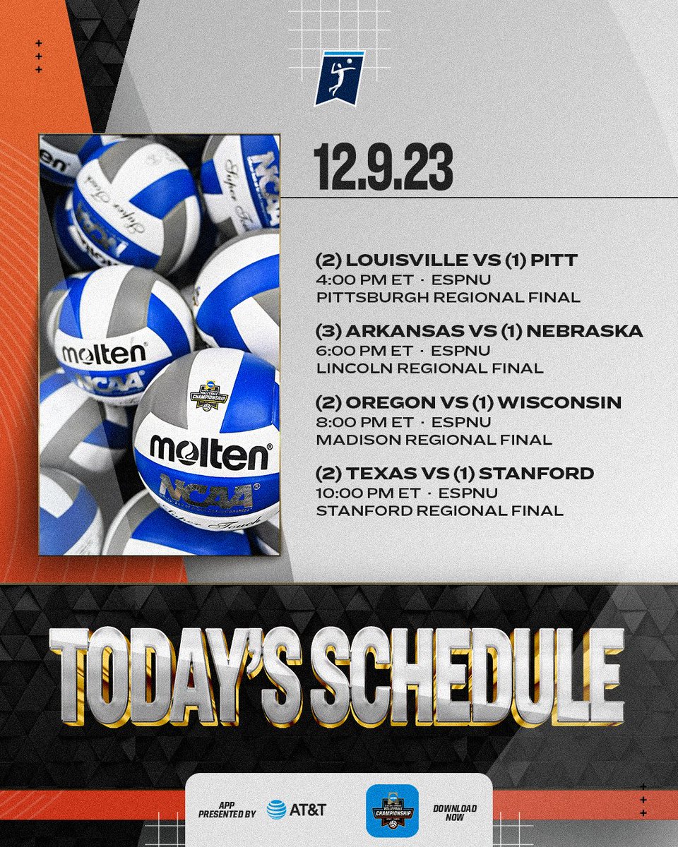 Don’t miss a second of today’s matches as the eight remaining teams play for a spot in Tampa! 🤩

➡️ App Download: on.ncaa.com/WVBApp
➡️ NCAA Scoreboard: on.ncaa.com/WVBScores
➡️ NCAA Super Page: on.ncaa.com/WVBSuperPage

#NCAAWVB