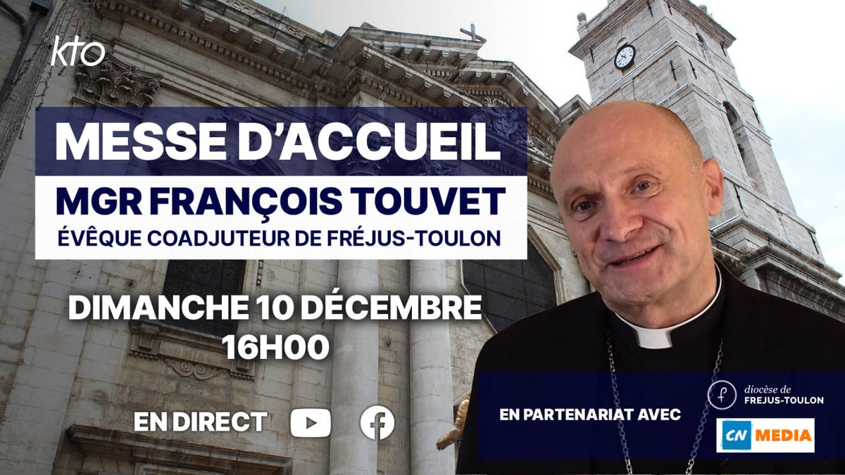 La messe d'accueil de Mgr François Touvet, nouvel évêque coadjuteur du <a href="/DioceseToulon/">Diocèse de Fréjus-Toulon</a>, est présidée ce dimanche 10/12 par le Cardinal Aveline à 16h. La célébration est retransmise sur les plateformes digitales de KTO.

👉En direct sur ktotv.com/article/messe-…