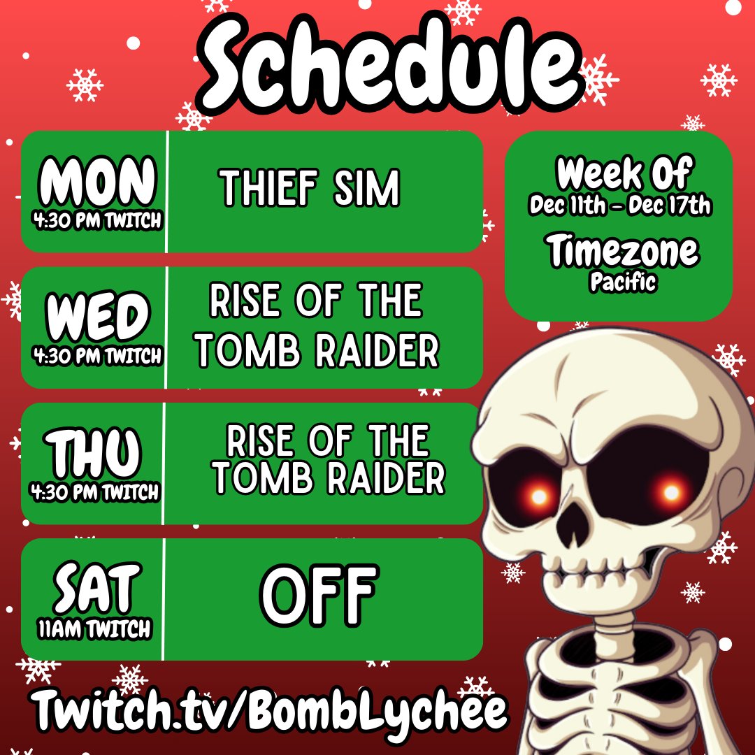 This upcoming week's schedule #Twitch #LIVESTREAM  #TombRaider #livestreaming