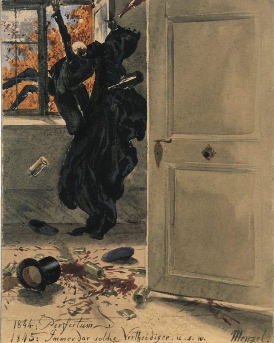 historyinmemes's tweet image. "Death as an Unwelcome Guest" by Adolph Menzel. Watercolor, pencil and ink on paper, 1844.

In the painting, Death is coming to collect. Who is behind the door? We do not know. Death wears a heavy black coat and tilts his hat forward in order to try and conceal his identity. We…