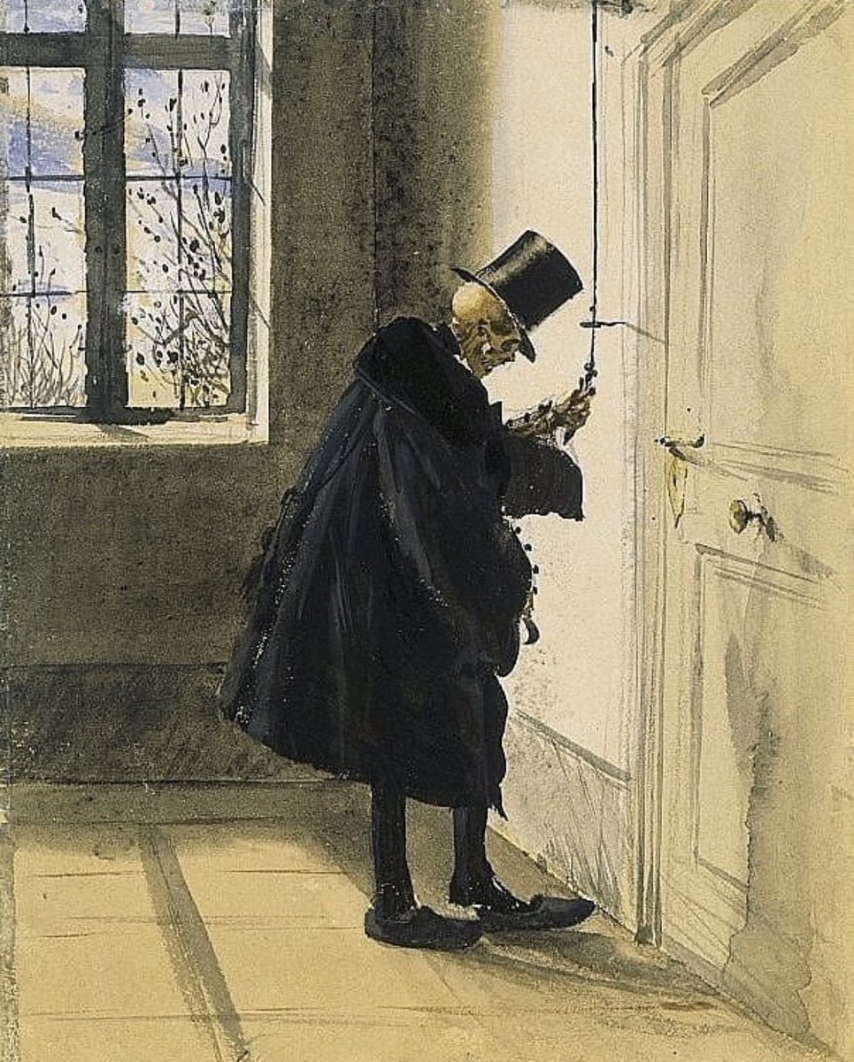 historyinmemes's tweet image. "Death as an Unwelcome Guest" by Adolph Menzel. Watercolor, pencil and ink on paper, 1844.

In the painting, Death is coming to collect. Who is behind the door? We do not know. Death wears a heavy black coat and tilts his hat forward in order to try and conceal his identity. We…