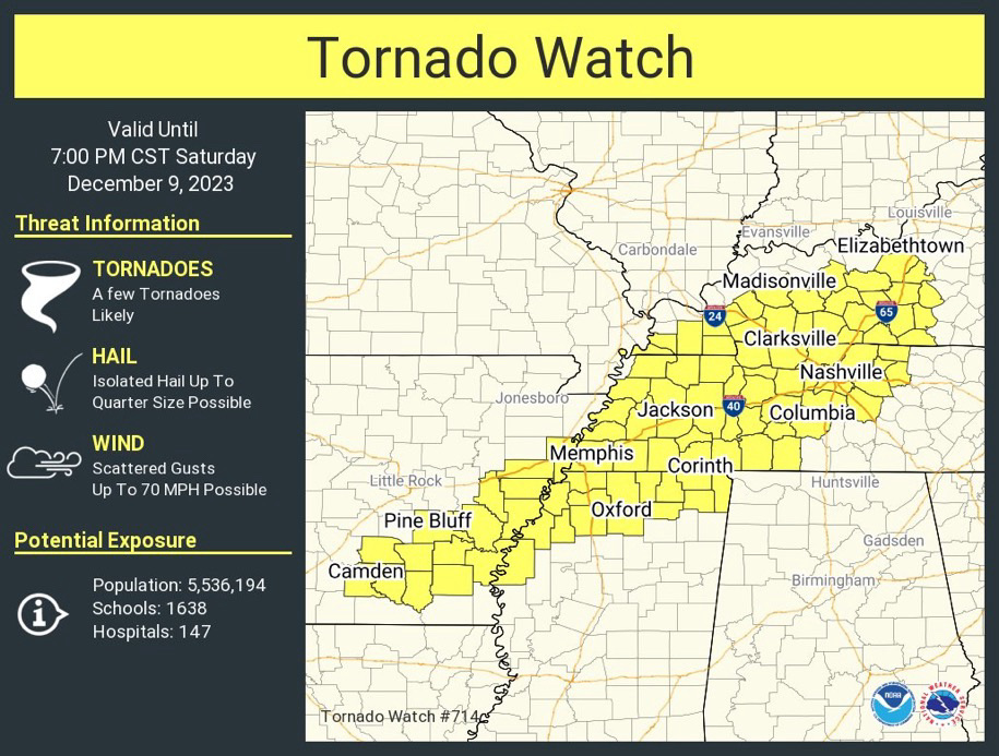 ⚠️ TORNADO WATCH for portions of Arkansas, Mississippi, Kentucky, and Tennessee, including Memphis and Shelby County until 7 PM CST.