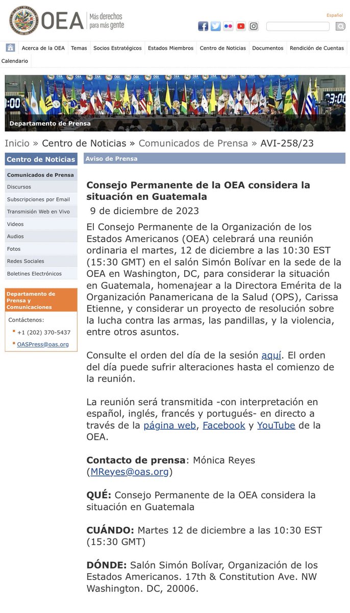 🚨 URGENTE 🚨 El Consejo Permanente de la Organización de los Estados Americanos (OEA) celebrará una reunión ordinaria el martes, 12 de diciembre a las 10:30 EST (15:30 GMT) en el salón Simón Bolívar en la sede de la OEA en Washington, DC, para considerar la situación en