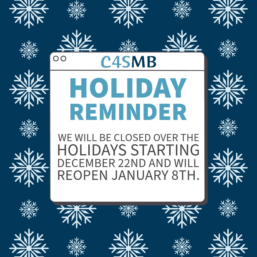 Computers for Schools Manitoba (@c4smb) on Twitter photo This is your reminder that we will be closed over the holidays starting December 22nd. Any questions, please contact us!
Phone: (204) 988-1790
Email: info@c4smb.ca This is your reminder that we will be closed over the holidays starting December 22nd. Any questions, please contact us!
Phone: (204) 988-1790
Email: info@c4smb.ca
