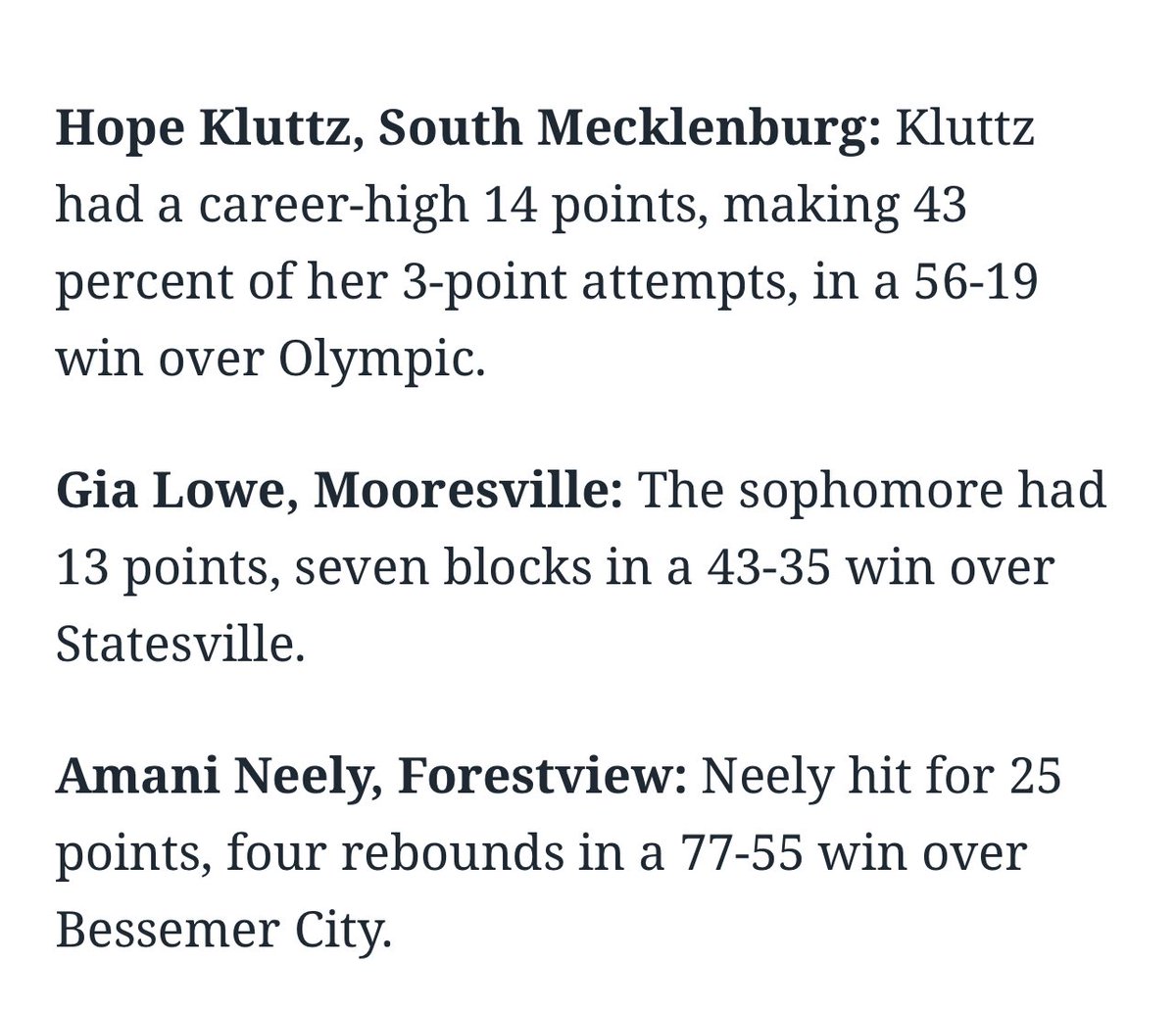 Mooresville Women’s 🏀 want to shout out Gia Lowe for being recognized as a Top Performer in the Charlotte area last night. Gia had 13 pts, 11 rebounds, and 7 blocks! Way to go Gia!🤍💙 #berelentless
