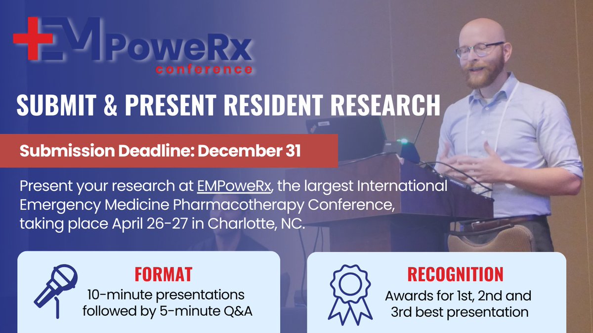 📢 We want to spotlight the impactful work of our Pharmacy &amp; Medical Residents &amp; PA/NP Fellows. Submit your abstracts for a chance to showcase your research with a 10min presentation LIVE on the main stage at #EMPRx24. ⏰ The submission deadline is Dec 31: empowerx-conference.com/resident-prese…