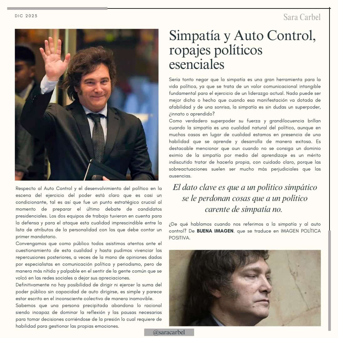 Simpatía y Auto Control, ropajes políticos esenciales.

A un político simpático se le perdonan cosas que a un político carente de simpatía no.

¿De qué hablamos cuando nos referimos a la simpatía y al autocontrol? De BUENA IMAGEN, que se traduce en IMAGEN POLÍTICA POSITIVA.