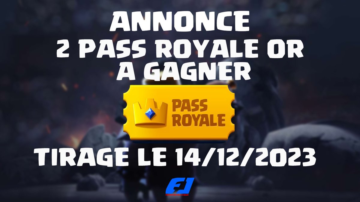 🎁 #GIVEAWAY 

 2x PASS OR (6,99€ via PayPal)   pour notre retour ! 

⬇️Conditions : 

  1⃣ Follow <a href="/FrenchRoyaleL/">French Royale League</a>  !
  2⃣ Like &amp; Retweet ce tweet !
  3⃣ Tag 1 ami en commentaire ! 

😎 Les deux gagnants seront annoncés le             14/12/2023  

🥳N'attend pas plus longtemps !