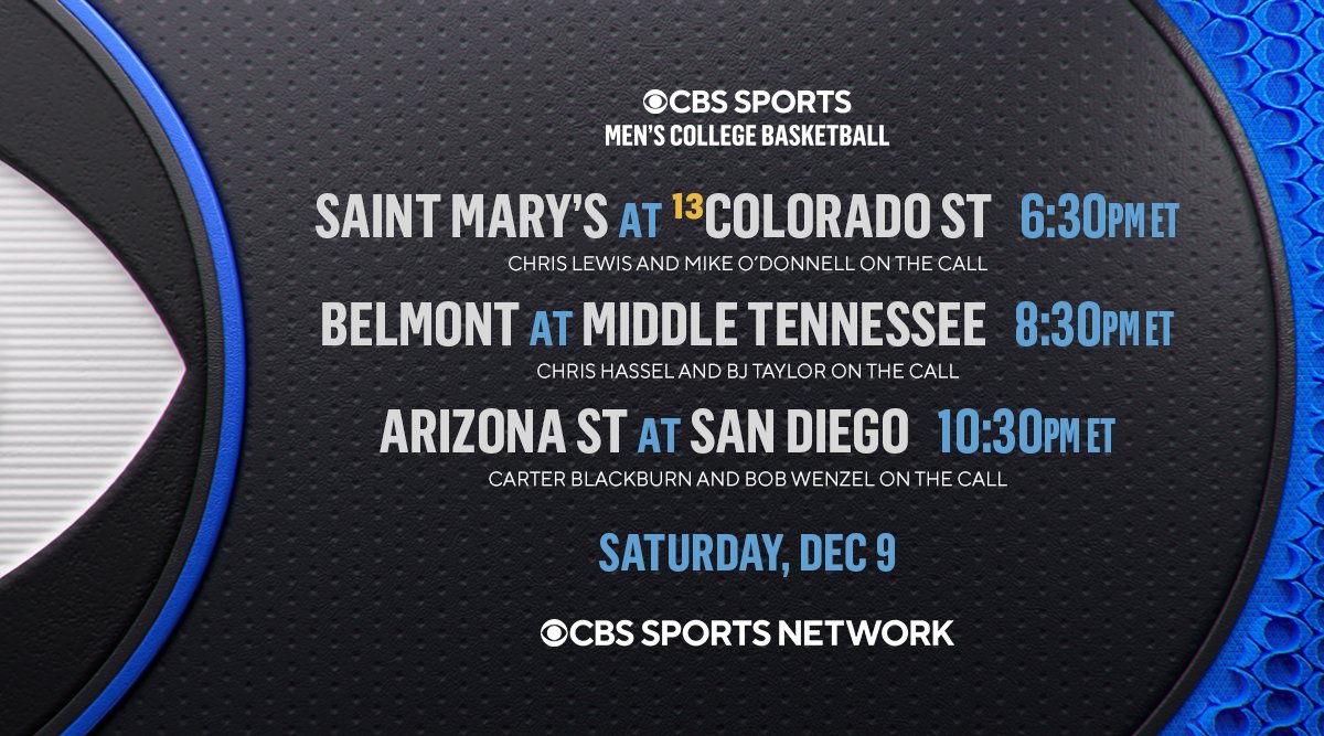 Tonight on @CBSSportsNet, tune in for a college basketball triple-header, starting at 6:30 PM, ET! @saintmaryshoops at No. 13 @CSUMBasketball 🎙️ @ChrisLewisTweet and @MOD4three on the call @BelmontMBB at @MT_MBB 🎙️ @Hassel_Chris and @BJTaylor_1 on the call @SunDevilHoops at