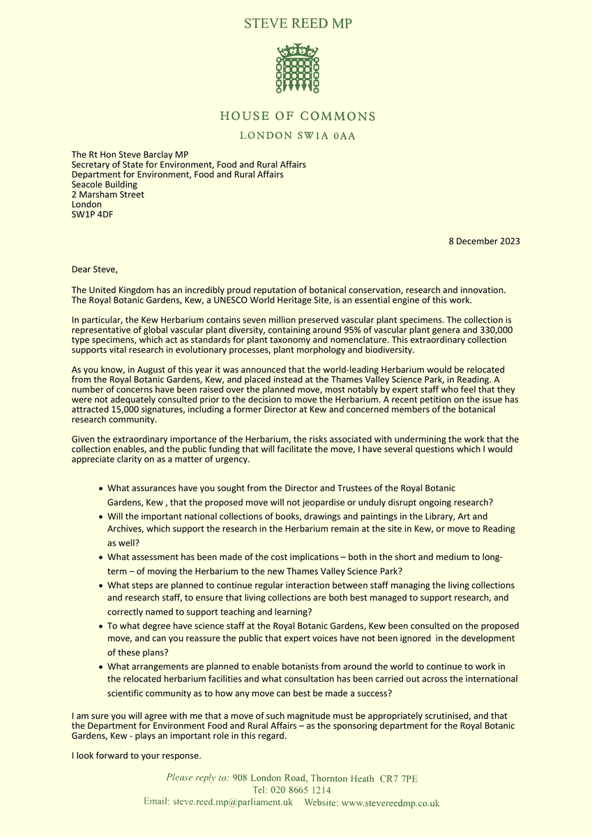 SteveReedMP's tweet photo. I’ve written to the Environment Secretary asking for urgent answers on plans to relocate the world-leading herbarium from Kew to Reading https://t.co/amZonbaiq2