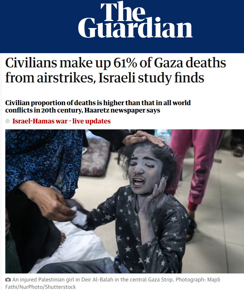 İsrail'de yapılan bir araştırmaya göre Gazze'de hava saldırılarında ölenlerin %61'ini siviller oluşturuyor. Araştırmada, sivil ölümlerin oranının 20. yüzyıldaki tüm dünya çatışmalarından çok daha yüksek olduğu belirtiliyor. (Yani sonuç: İyi yoldayız, katliama devam). İnsan…