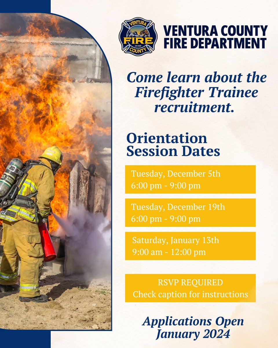 JoinVCFD's tweet image. The past few weeks have been busy! The VCFD Fire Crew went to Ventura College, CSUCI, Oxnard College Fire Academy, the California Conservation Corps, AND hosted their Open Houses! 

‼️RSVP for a Firefighter Trainee Orientation Session: surveymonkey.com/r/VCFD-FFT-Ori… 

#JoinVCFD #VCFD