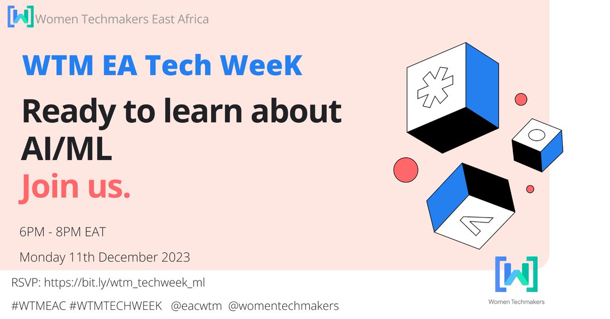 WTMNairobi's tweet photo. Join us this coming Monday for one of the best most informative sessions with EAC Tech Week on AI and ML✨
Add to calendar 💫
#wtmeac #wtmtechweek https://t.co/rh8s0qH5dE