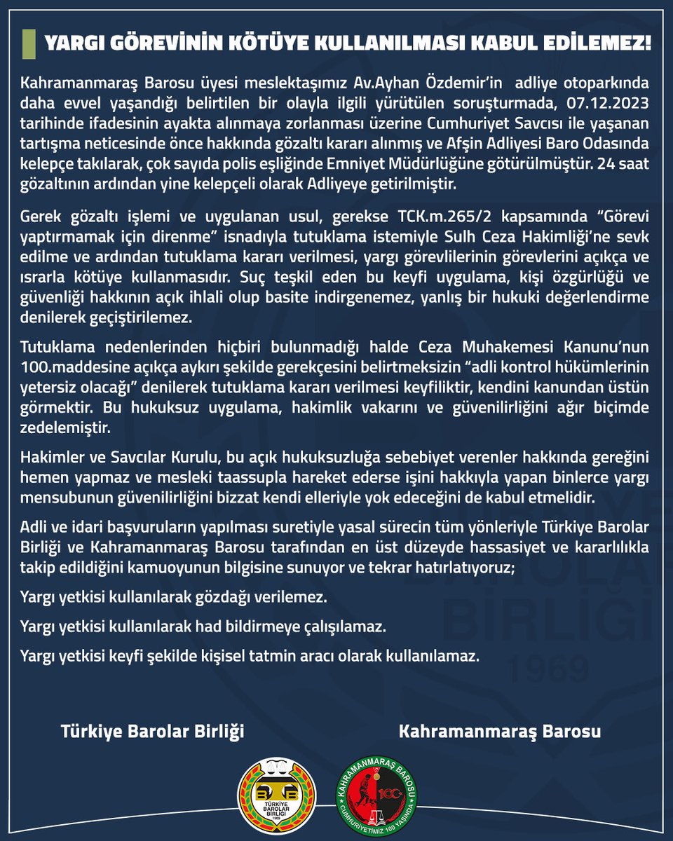 AvukatHG's tweet photo. Kahramanmaraş’ta daha evvel adliye otoparkında bir savcı ile problem yaşayan meslektaşımız hakkında yürütülen soruşturma kapsamında ifadenin ayakta almaya zorlanması üzerine çıkan tartışma sonucu meslektaşımız kelepçelenip gözaltına alınmış, daha sonra da tutuklanmıştır. 

TBB konuya ilişkin açıklama yaparak Kahramanmaraş Barosu ile birlikte sürecin takipçisi olacaklarını beyan etti.

Yargılama makamları, hakimler ve savcılara mülk değildir. Bu kabul edilemez hukuk skandalına karşı HSK’yı göreve davet ediyor, makamını kötüye kullanarak güç gösterisi yapan savcı ile sulh ceza hakiminin görevden el çektirilmesini bekliyoruz.