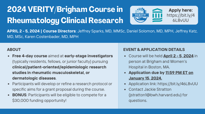 ATTENTION all early investigators: FREE 2024 VERITY/@BrighamResearch Course in Clinical Research will be held in Boston, MA on April 2-5, 2024 Hone your research/grant/career with BWH and @harvardmed faculty. Funded by @NIH_NIAMS. Apply here by Jan 15: verityresearch.org/verity-course-…