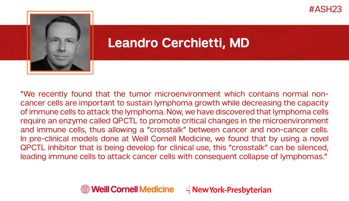 Dr. Leandro Cerchietti (<a href="/LCerchietti/">Leandro Cerchietti</a>) explains outcomes from <a href="/WeillCornell/">Weill Cornell Medicine</a> led pre-clinical #research looking at targeting the tumor microenvironment and the potential role of QPCTL enzyme inhibition to attack #lymphoma cells: bit.ly/46Swthm #ASH23