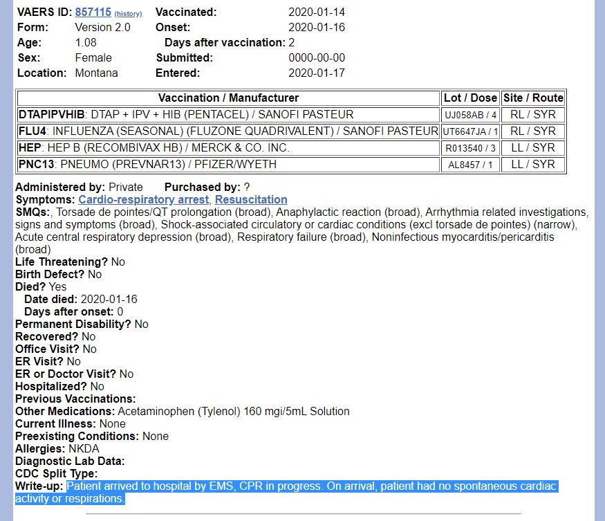 Jan.16, 2020 - VAERS 857115 - 1 year old girl (Montana) had childhood ...