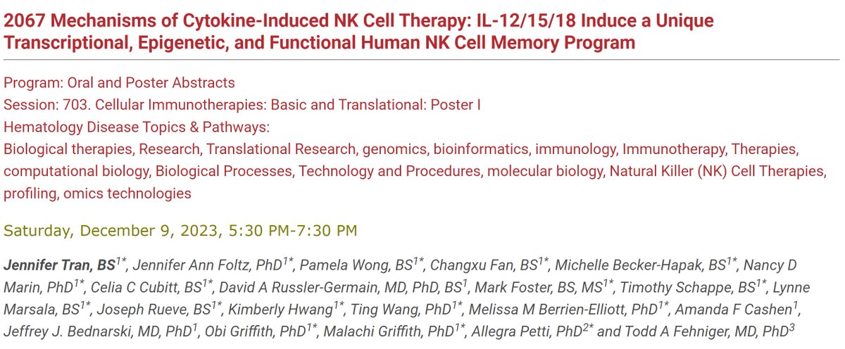 Check out @Jenn__Tran from @WashUOnc presenting on molecular mechanisms and cellular dynamics of cytokine-induced memory NK cells at the #ASH23 poster session tonight! #NKcell ash.confex.com/ash/2023/webpr… @SitemanCenter @WUSTLdbbs @WUSTLmed @FoltzPhd