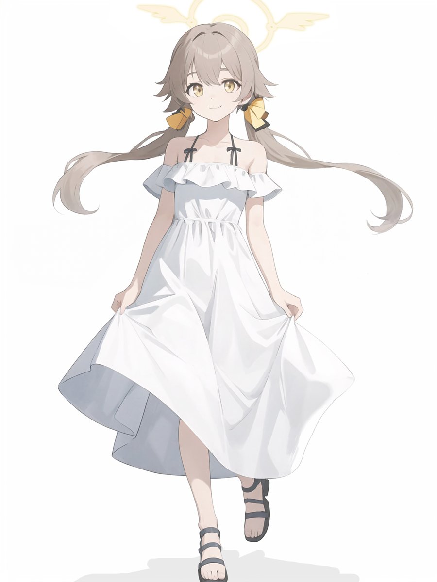 hifumi (blue archive) 1girl solo halo dress twintails white dress yellow eyes  illustration images