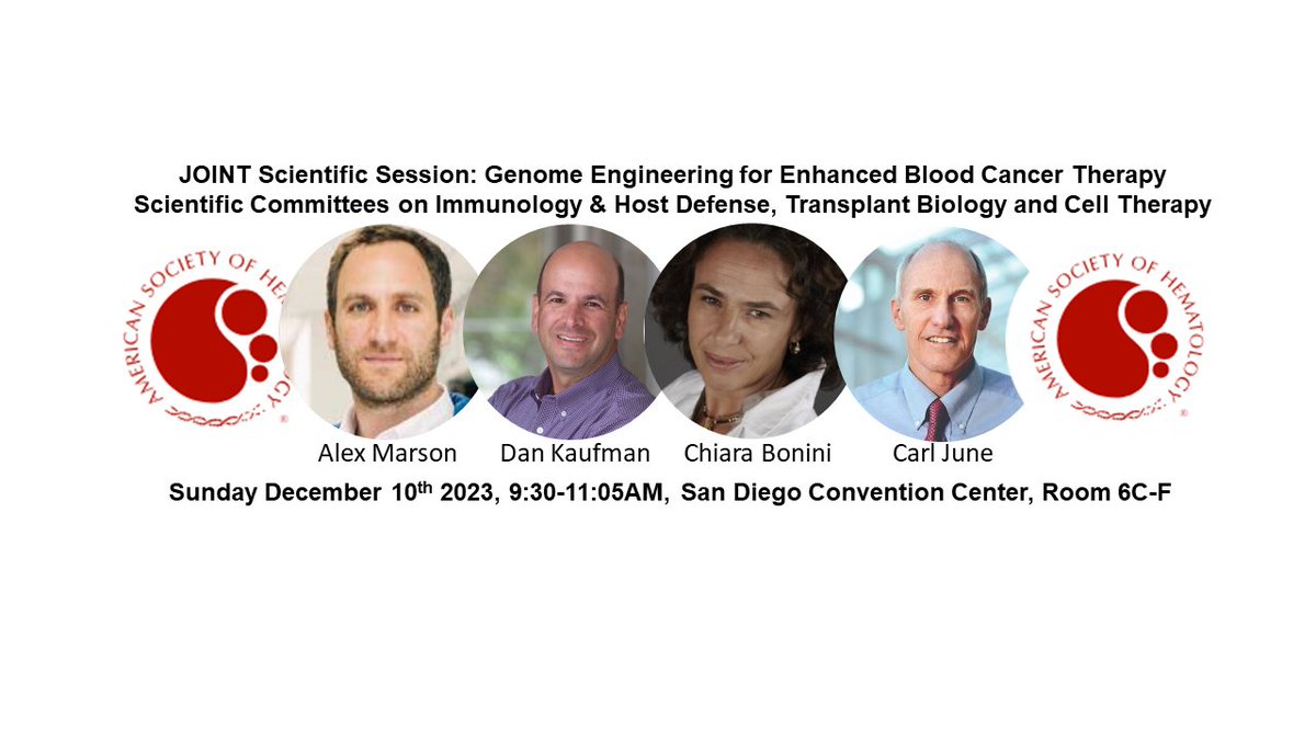 Honored to chair and co-organize with @MarcoRuella the Genome Engineering Session at #ASH23 Exceptional lineup! @MarsonLab, @Kaufm020, Chiara Bonini, @carlhjune Check it out on Sunday Dec 10th, 9:30AM-11:05AM, SDCC Room 6C-F hematology.org/meetings/annua… @WashUOnc @ASH_hematology