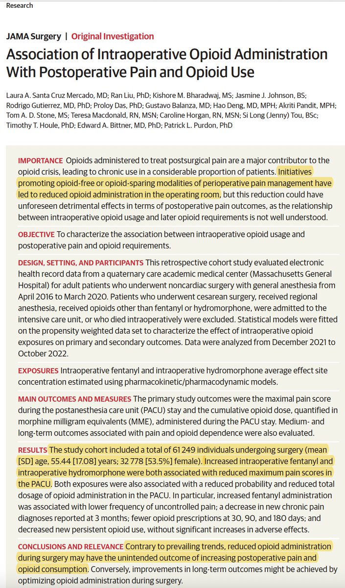 Talktoratan's tweet photo. A blow to #opioid-free #anesthesia concept.
Of 61 249 individuals undergoing #surgery, greater #intraoperative #fentanyl and #hydromorphone administration was associated with decreased #pain and opioid administration in #postanesthesia care units.
https://t.co/42hwD8s8Kz https://t.co/onGWtlcc9D