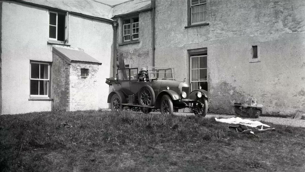 Lucy_Worsley's tweet photo. For my North American friends, a reminder that devastating things are going to happen to Agatha Christie tomorrow night on @PBS.  Here she is driving THAT CAR (with her surf board in the back, don't you love that?) (picture from the Christie Archives)
https://t.co/AYQ6dj7M2a https://t.co/xZFl1RCibe