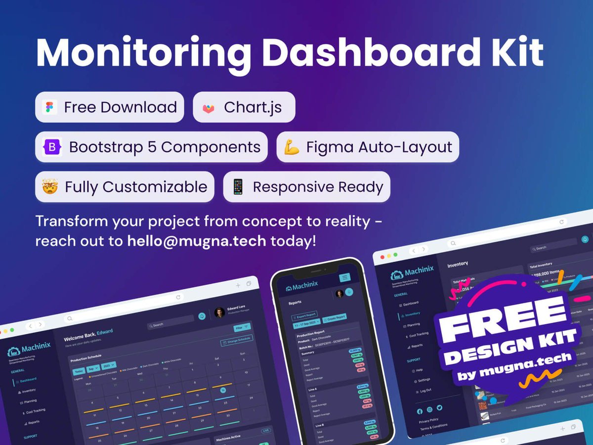 uibundlecom's tweet image. 🏭 Upgrade your manufacturing management with the free Manufacturing Monitoring Dashboard for Figma by Mugna Tech! Includes pages for Inventory, Scheduling, Costs, and Data Reports.
🚀 uibundle.com/products/1625-…
.
#DashboardDesign #UIDashboard #DashboardTemplates #UIKit
