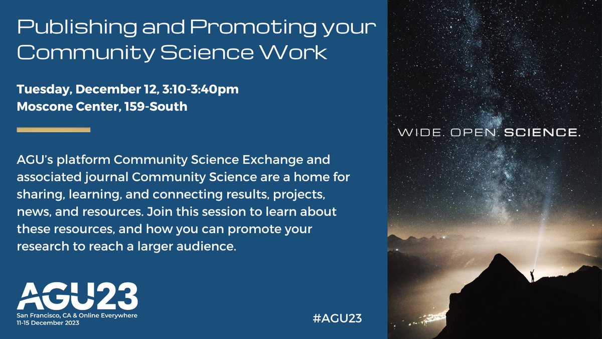 theAGU's tweet photo. Interested in #CommunityScience?

Join this #AGUPubs session to learn about the Community Science Exchange Hub and associated journal: https://t.co/XX6zRxdY60 

#AGU23 #AGUOpenScience https://t.co/70nYXFh4DG