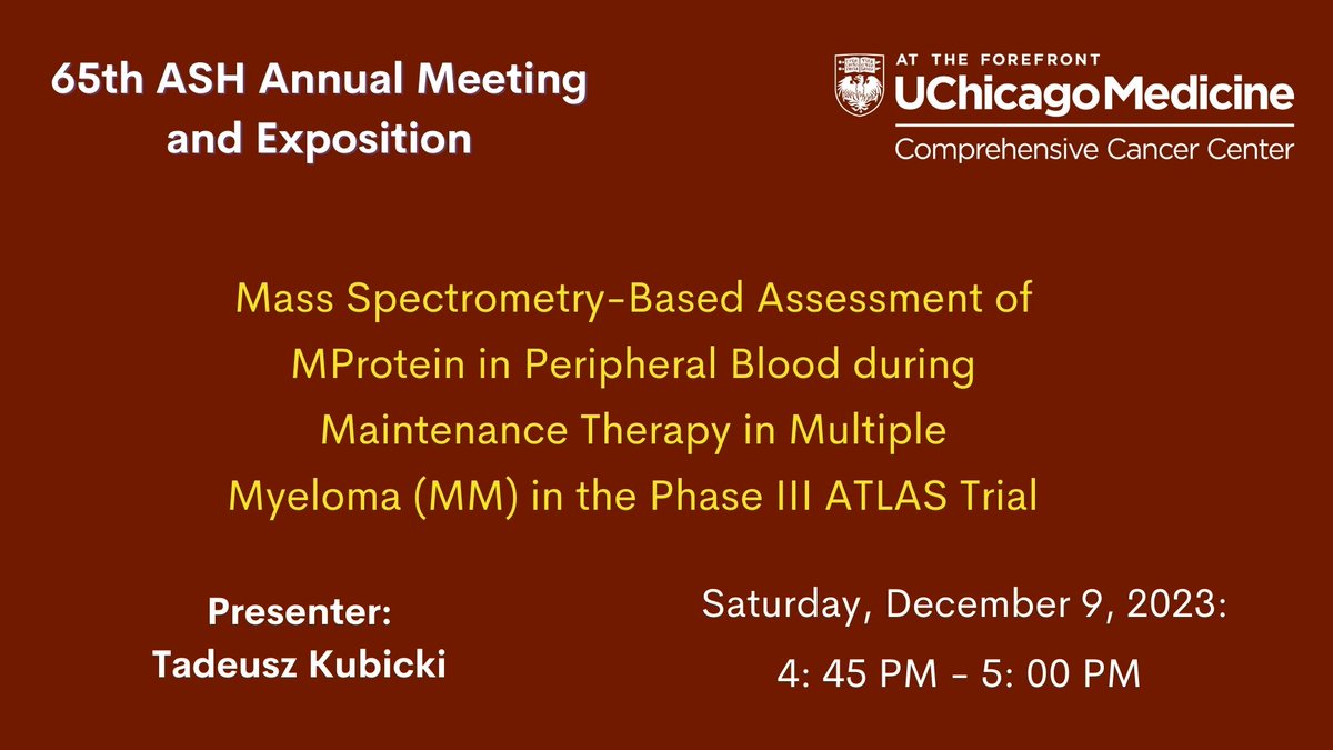 Later today, Tadeusz Kubicki will address two significant questions on mass spectrometry-based assessment in MM patients – the role of MS in response assessment for pts without a high disease burden baseline and the optimal timing of MS assessment. @UCCancerCenter @UChicagoHemOnc