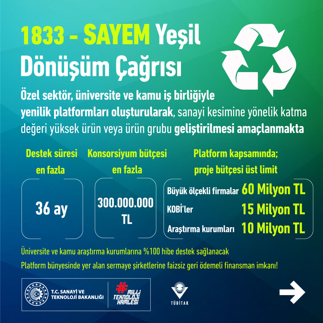 Türkiye Yeşil Sanayi Projesi kapsamında TÜBİTAK çağrıları açıldı!🌏

♻️ <a href="/WorldBank/">World Bank</a> desteği ile; <a href="/TCSanayi/">Sanayi ve Teknoloji Bakanlığı</a>’nin koordinasyonunda; TÜBİTAK ve <a href="/Kosgeb/">KOSGEB</a> tarafından yürütülen Türkiye Yeşil Sanayi Projesi kapsamında, sanayi kuruluşlarına TÜBİTAK tarafından 1️⃣7️⃣5️⃣ milyon dolarlık