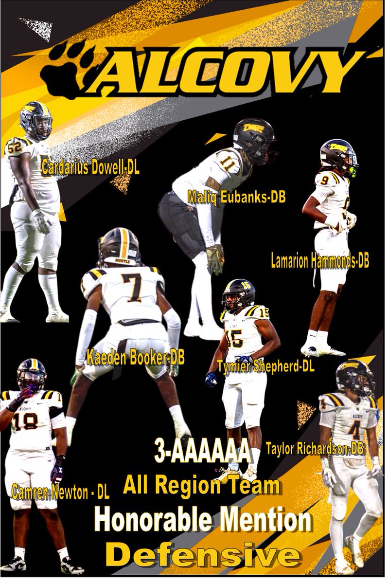 AlcovyHSFootball (@alcovyfootball) on Twitter photo Congratulations to <a href="/TayRich0206/">Taylor Richardson "Ð฿Ü"🎭</a> <a href="/_camrennewton/">Camren Newton</a> <a href="/tyshepherd39/">Tymier Shepherd</a> <a href="/Booker_Kaeden/">Kaeden B.</a> <a href="/lamari0n1/">Lamarion Hammonds</a> <a href="/MaliqEubanks/">Maliq“LIQ”Eubanks</a> @DowellCard75298 <a href="/coachFortson35/">Spencer Fortson</a> <a href="/Alcovy_Sports/">AHS Tigers Sports</a> <a href="/AlcovyHS/">Alcovy High School</a>
Region 3-AAAAAA
Defensive Honorable Mention Congratulations to <a href="/TayRich0206/">Taylor Richardson "Ð฿Ü"🎭</a> <a href="/_camrennewton/">Camren Newton</a> <a href="/tyshepherd39/">Tymier Shepherd</a> <a href="/Booker_Kaeden/">Kaeden B.</a> <a href="/lamari0n1/">Lamarion Hammonds</a> <a href="/MaliqEubanks/">Maliq“LIQ”Eubanks</a> @DowellCard75298 <a href="/coachFortson35/">Spencer Fortson</a> <a href="/Alcovy_Sports/">AHS Tigers Sports</a> <a href="/AlcovyHS/">Alcovy High School</a>
Region 3-AAAAAA
Defensive Honorable Mention