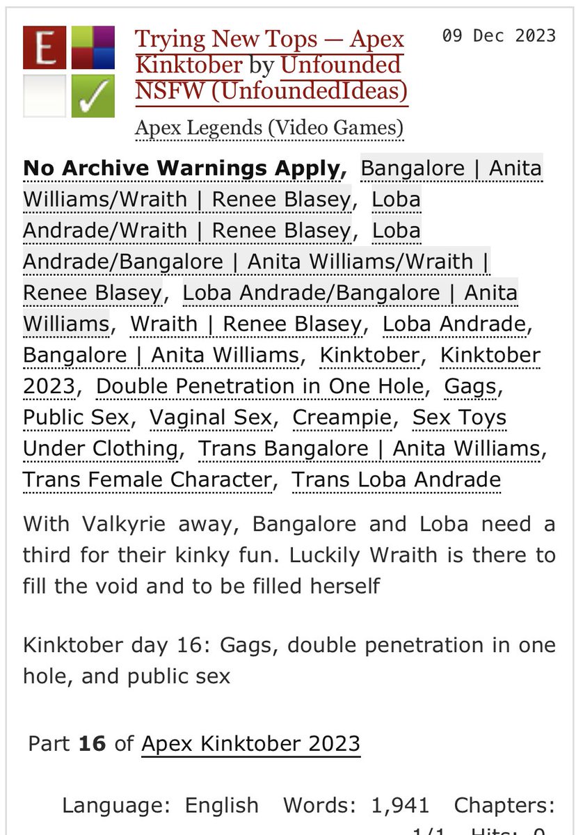 Very late Kinktober day 16: Loba, Wraith, and Bangalore with gags, DP, and all in public 

archiveofourown.org/works/52144051