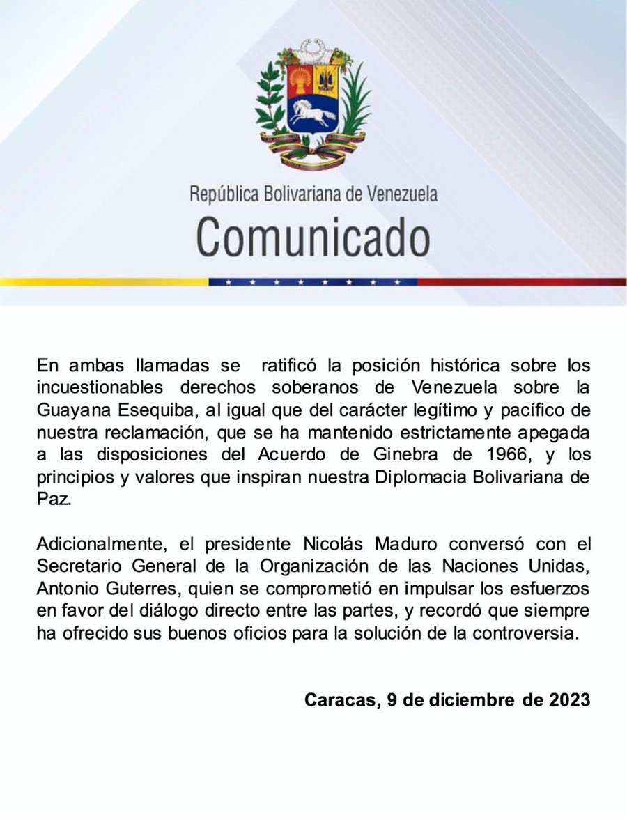 #ÚltimoMinuto #9Dic 

A través de un #Comunicado, la cancillería de Venezuela informó que el presidente de la República Bolivariana de Venezuela @NicolasMaduro sostuvo conversaciones telefónicas con el presidente Luiz Inácio da Silva y con el Primer Ministro de San Vicente y las…