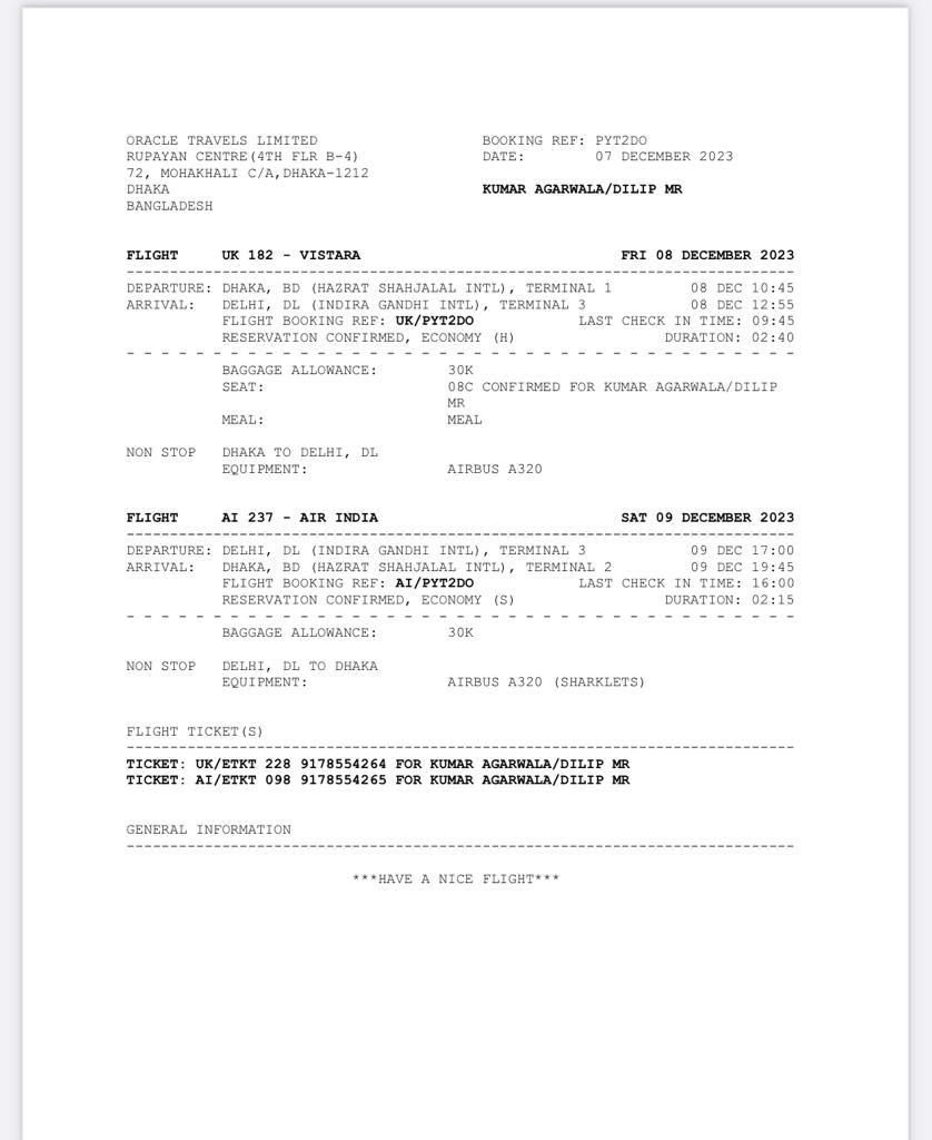 ZulkarnainSaer's tweet photo. So, the Awami League’s candidate from the Feni-3 constituency is Mr Abul Bashar. But did you know that he didn’t clinch the party ticket on merit but needed a helping hand from India’s Research and Analysis Wing (RAW)? 

Mr Bashar struck a deal with RAW for Tk 15 crore ($1.5 m) for the ticket. And on the 23rd of November, he gave a Tk 1 crore ($100 k) pay order to one AKM Barkatullah, the proprietor of a business in Baitul Mukarram, as advance. Intelligence sources have confirmed that Mr Barkatullah is involved with hawala (money laundering) racket. Upon receiving the advance, on the 25th of November, an Indian intelligence officer sent him a message on WhatsApp to congratulate him, most definitely for the nomination.

Another candidate for Chuadanga 1 constituency Dilip Kumar Agarwal who failed to secure a nomination from the @albd1971 travelled to New Delhi yesterday for a day (ticket attached) to meet an influential @BJP4India politician so that Bangladesh’s premier Sheikh Hasina awards Dilip with the Awamileague ticket by 17th December. To make his case strong, Dilip share his resume with multiple Indian ruling party politicians highlighting his philanthropic activities for the Hindu community. 

Sources confirmed, Dilip Kumar Agarwal & his wife Sabita Agarwal obtained citizenship of the Antigua and Barbuda investing $ 250k back in 2016. Bangladesh’s constitution doesn’t allow candidates with dual citizenship to run for the parliament.