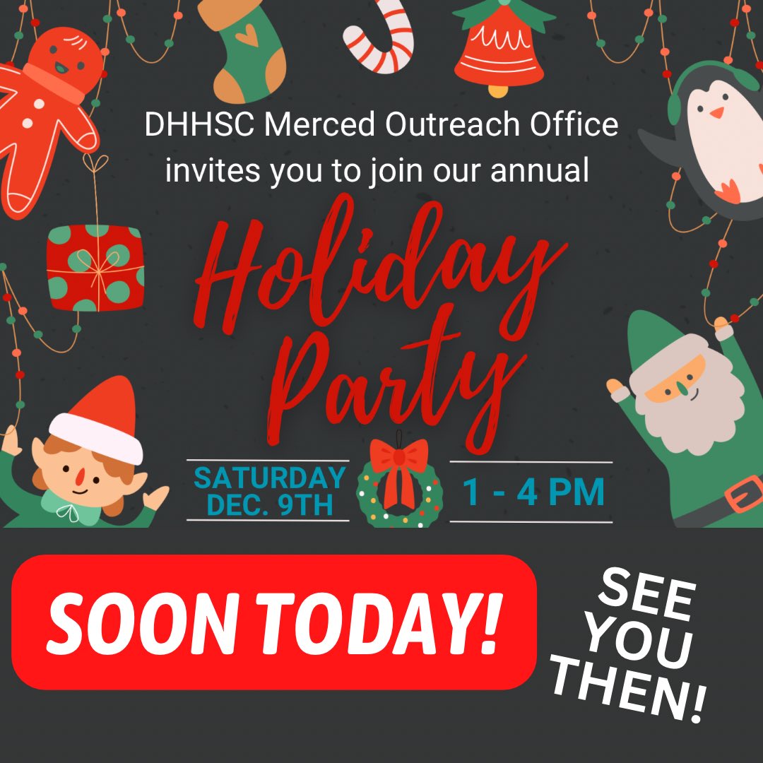 DHHSCtweets's tweet photo. *MOO HOLIDAY PARTY TODAY!*
- ONLY FOR MERCED OUTREACH (MOO) D/HH COMMUNITY & FRIENDS -
**NOT A PUBLIC EVENT**
Flyer: https://t.co/p9bkHjLdUl
See you soon!
#DHHSC #MercedOutreach #HolidayParty #MercedMallFoodCourt #Fun #Activities #Chirstmas #HappyHolidays https://t.co/Ce19SPdKx9