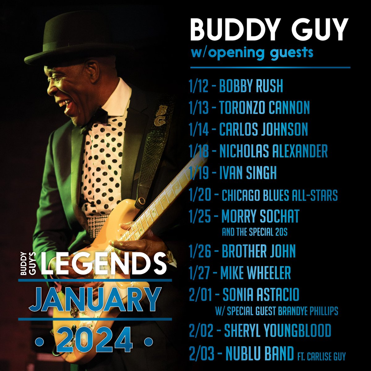 CHICAGO: Tickets for Buddy's annual January residency at @BuddyGuys Legends are on sale TOMORROW Sunday Dec 10 at 10AM CT at buddyguy.com! Check out the opening band lineup here and get all the info on tickets, seating, and more: buddyguy.com/january-2024-i… - Team BG