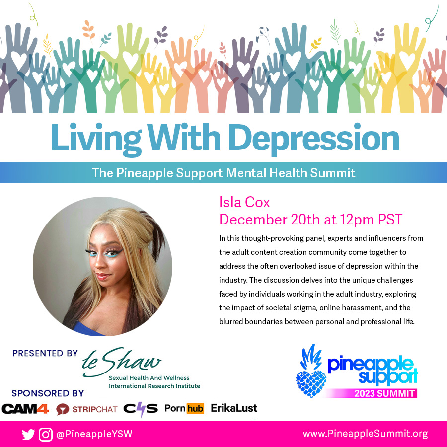 PineappleYSW's tweet photo. PS Ambassador @islacoxxx is taking part in our Health Summit this year and joining our Living with Depression panel π
Join us: https://t.co/tUCFSUZjLO
Sponsored by @Cam4 @stripchat @clips4sale @Pornhub @erikalust
#livingwithdepression #livingwithdepression #mentalhealth https://t.co/kGgFMnRaQQ