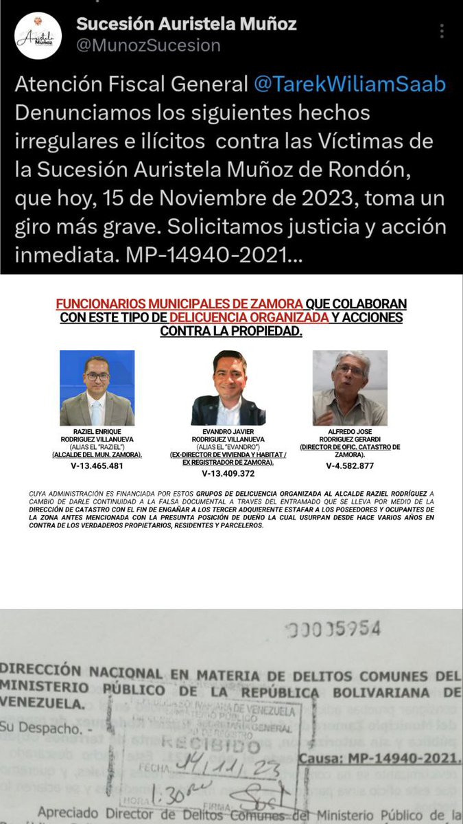 MunozSucesion's tweet photo. @MinpublicoVEN @TarekWiliamSaab Denunciamos los siguientes hechos irregulares e ilícitos  contra las Víctimas de la Sucesión Auristela Muñoz de Rondón, que hoy, 9 de Diciembre de 2023, toma un giro más grave. Solicitamos justicia y acción inmediata. MP-14940-2021.Atención Fiscal General @TarekWiliamSaab https://t.co/QwKf8ZipFn
