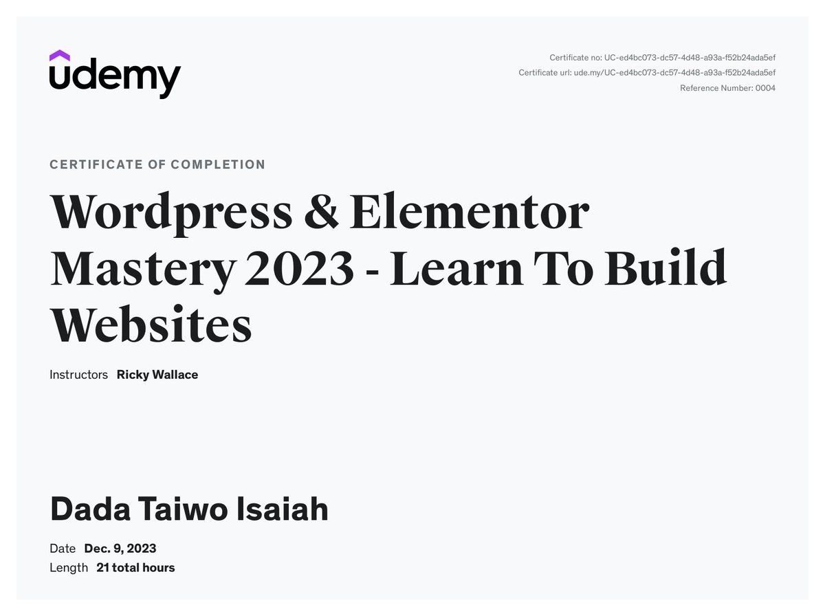 design78711's tweet image. Thank you for following my WordPress learning journey! I&apos;m excited to share my certificate with you as a token of my progress and achievement.

#wordpress #wordpressmastery #elementorpro #udemycertificate #certificate #learningjourney #wordpresswebsite